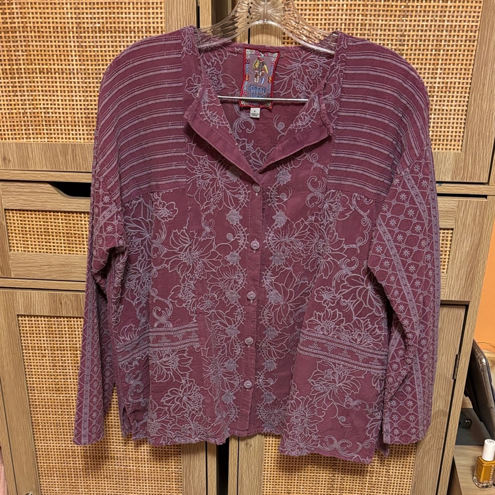 Johnny Was Wine Floral Embroidered Button-Down Shirt